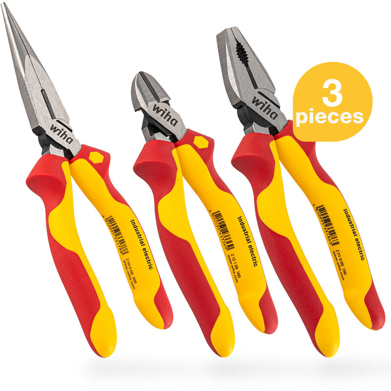 Wiha pliers set for electricians (38637) 3 pcs. I universal combination pliers 180mm + needle nose pliers 200 mm + diagonal cutters 160mm I pliers