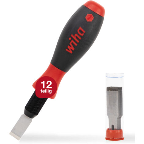 Wiha Universalschaber Set SoftFinish® 12 teilig I mit 10 Ersatzklingen, 13 mm breit I  Entfernen von Farbresten, Etiketten, Kleberesten usw. (26920)