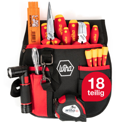 Wiha Werkzeug Set Grundausstattung Elektriker 18 teilig I Gürteltasche I für mobilen Einsatz I VDE Werkzeug (44574)