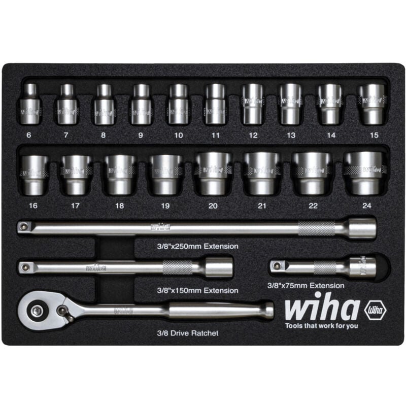 Wiha - Jeu de clés à cliquet 3/8' 22 pièces avec intercalaire en mousse i Outil en acier chrome-vanadium pour montage et installation (44708)