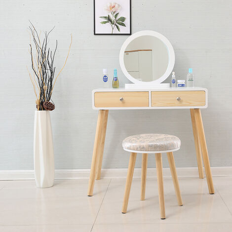 Wihobby Dressing Table 2 Drawer Round Mirror Stool - 80 x 40 x 125 cm (L x W x H)
