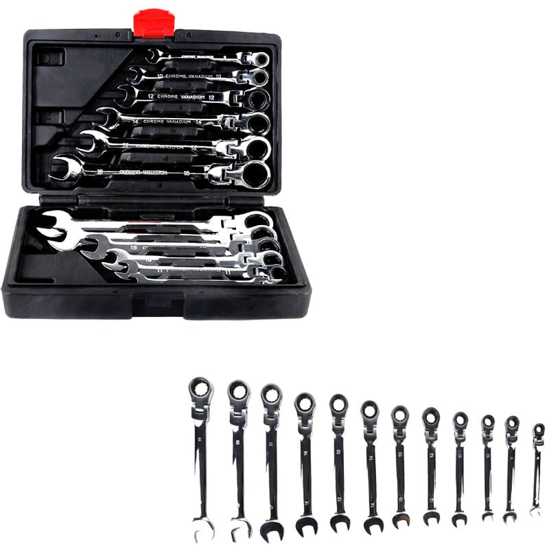 Jeu de 12 Clé à Cliquet Métrique Molette Réversible Mixtes Outil Clé Mixtes a Cliquet Métrique Dent Clé Plate 8-19mm