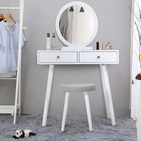 Wihobby White Design Dressing Table 2 Drawer Round Mirror Stool - 80 x 40 x 125 cm (L x W x H)