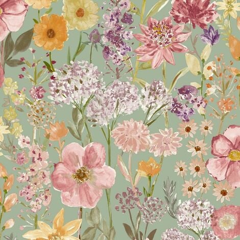 GRANDECO Wildflowers Sage Wallpaper Pink Floral Hand Painted Effect Smooth Matte Finish