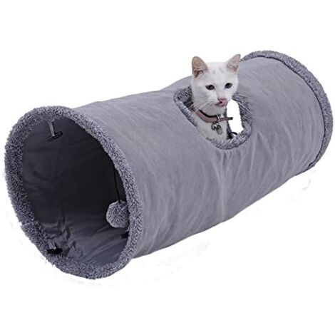 Wildleder-Katzentunnelspielzeug, großer faltbarer Katzentunnel mit 2 Löchern und hängendem Ball für Katzen, Kätzchen, Kaninchen, Durchmesser 25 x 50 cm