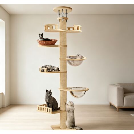 WILITTO   Arbre à Chat Plafonnier 7 Niveaux - Hauteur Réglable 295-315cm, avec Nids, Cabines et Poteaux à Griffer,Stable et Sécurisé, pour Grands Chats, en Bois et Sisal