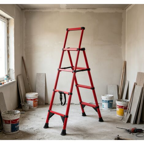 WILITTO  Échelle Télescopique en Aluminium 150kg - Échelle Pliante Ajustable avec Système Anti-Choc, Antidérapante, pour Maison et Bricolage, Rouge