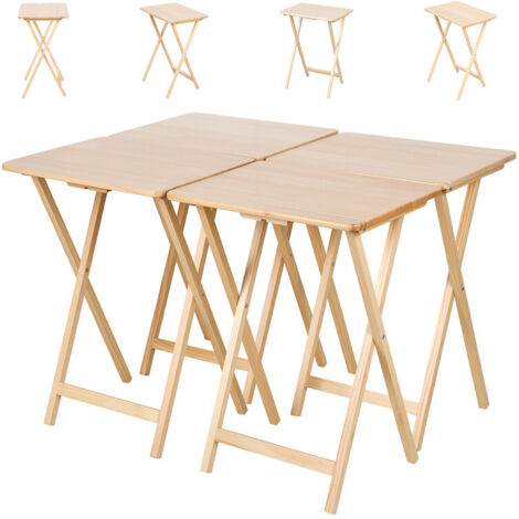 WILITTO Lot de 4 Tables d'Appoint Pliantes en Pin - Tables TV Tray en Bois Massif, Design Gain de Place, pour Salon, Cuisine, Camping et Pique-Nique, Naturel
