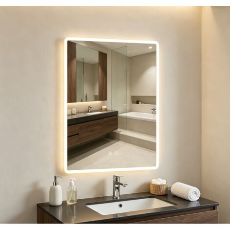 WILITTO  Miroir de Salle de Bain Rectangulaire LED à Coins Arrondis - Enceintes Stéréo 360°, Éclairage Réglable et Mémoire, Verre Trempé, 60x80cm, Installation Flexible, pour Salle de Bain Moderne