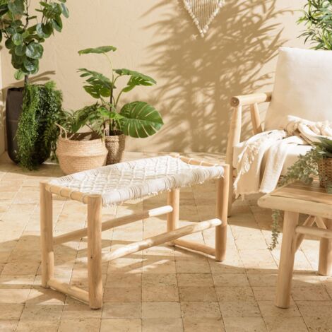 WILL - Banc en branches de bois de teck naturel assise macramé blanc