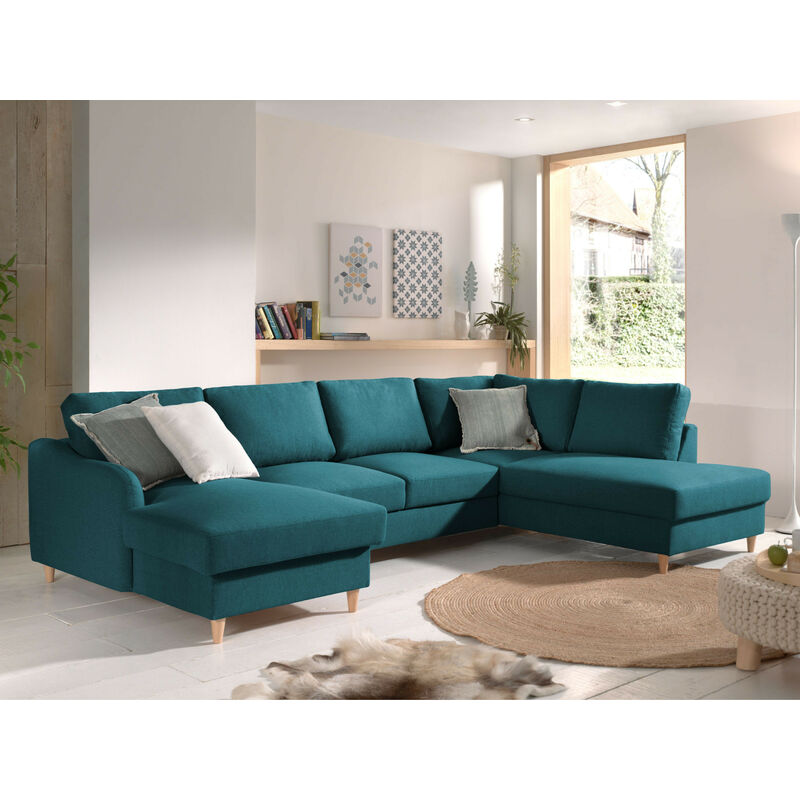 Will - canapé d'angle panoramique - convertible avec coffre - 7 places - style scandinave - droit Couleur - Bleu canard - Bleu canard