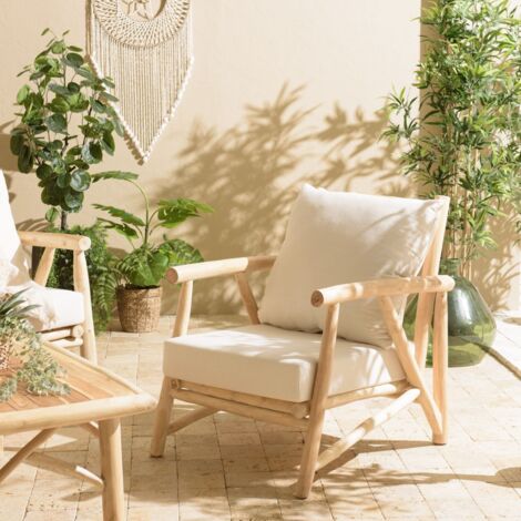WILL - Fauteuil en branches de bois de teck naturel coussins blancs