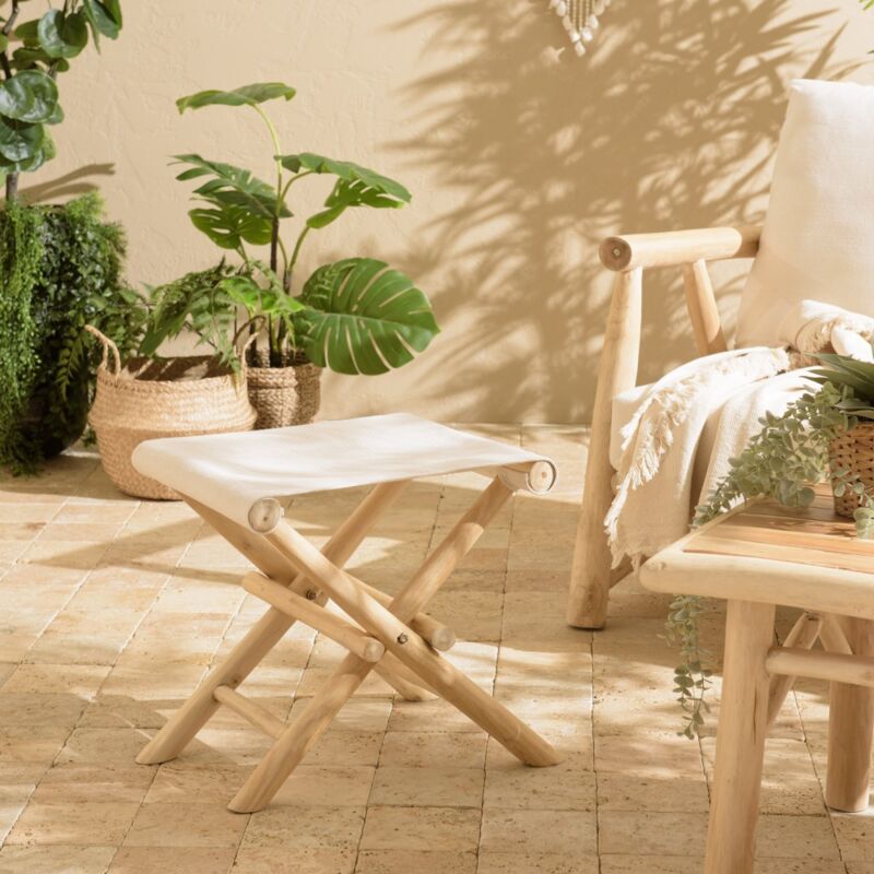 WILL - Tabouret pliant en bois de teck pieds croisés assise tissu