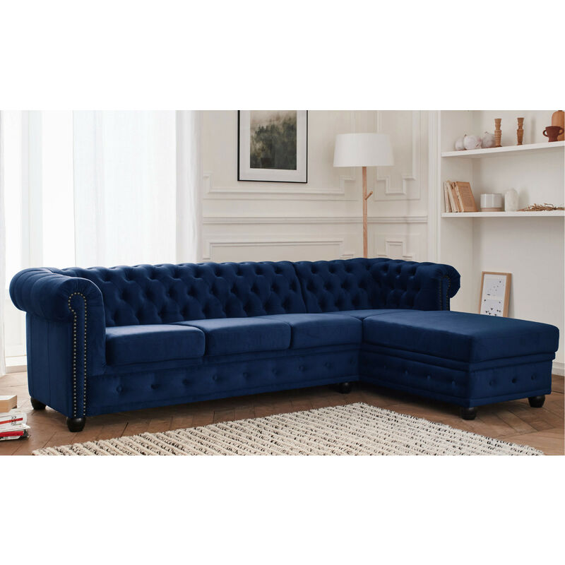 Lisa Design - William - canapé chesterfield d'angle droit - 4 places - en velours - bleu nuit