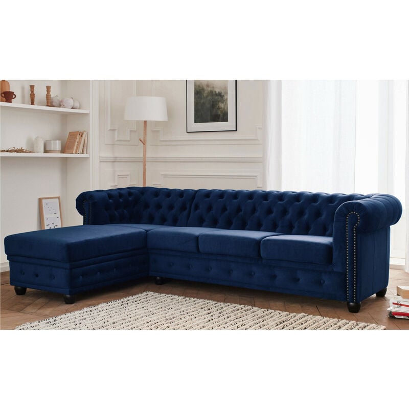 Lisa Design - William - canapé chesterfield d'angle gauche - 4 places - en velours - bleu nuit