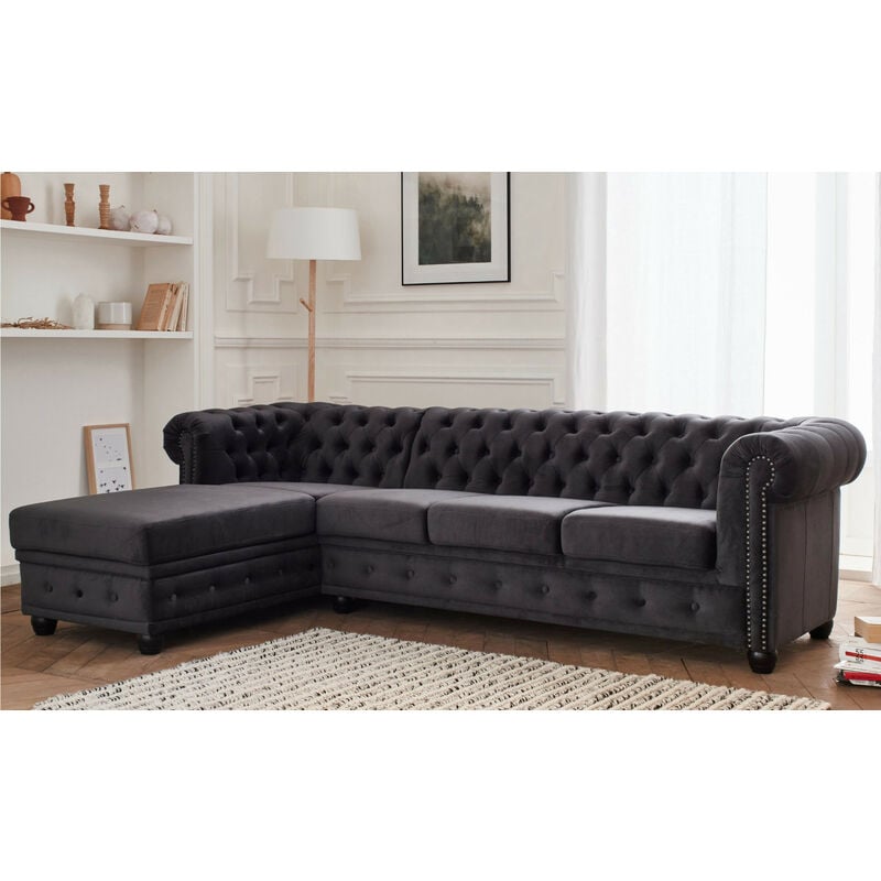 Lisa Design - William - canapé chesterfield d'angle gauche - 4 places - en velours - gris foncé