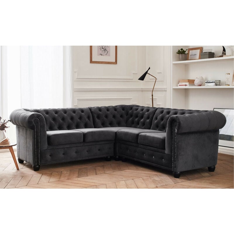 Lisa Design - William - canapé chesterfield d'angle réversible - 5 places - en velours - gris foncé