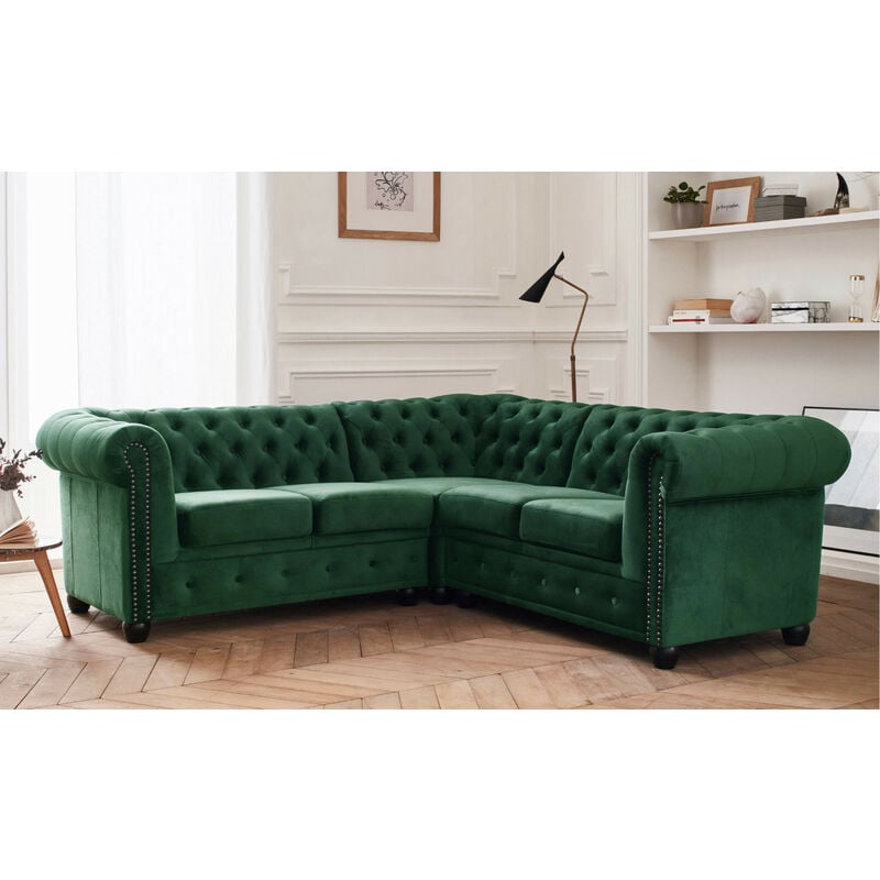 William - canapé chesterfield d'angle réversible - 5 places - en velours - vert