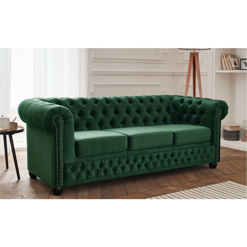 Lisa Design - William - canapé chesterfield - 3 places - en velours - vert