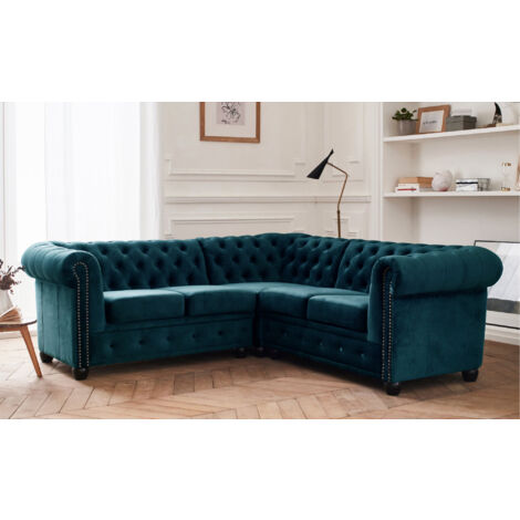 William - chesterfield ecksofa beidseitig montierbar - 5 sitzplätze - aus samt - entenblau