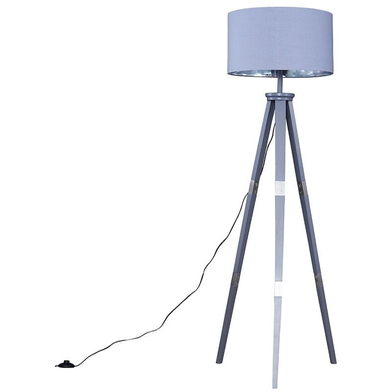 Minisun - Willow 151cm Wooden Tripod Floor Lamp in Grey with Fabric Shade - Grey & Chrome
