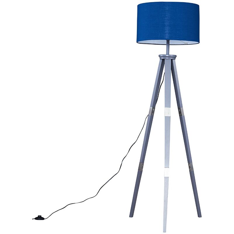 Minisun - Willow 151cm Wooden Tripod Floor Lamp in Grey with Fabric Shade + LED Bulb - Blue
