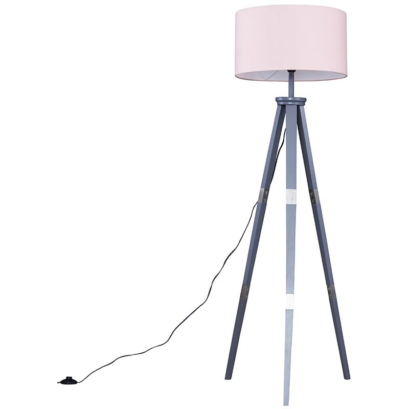 Minisun - Willow 151cm Wooden Tripod Floor Lamp in Grey with Fabric Shade - Pink