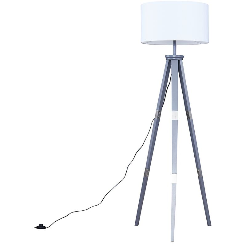 Minisun - Willow 151cm Wooden Tripod Floor Lamp in Grey with Fabric Shade - White