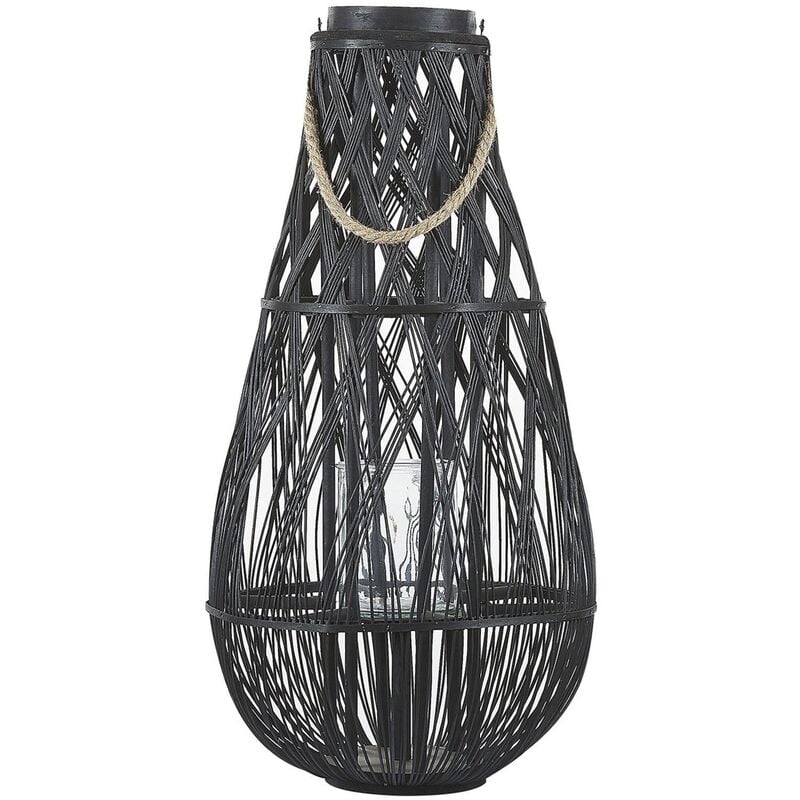 Indoor Outdoor Natural Willow Wood Woven Lantern Black Tall Tonga