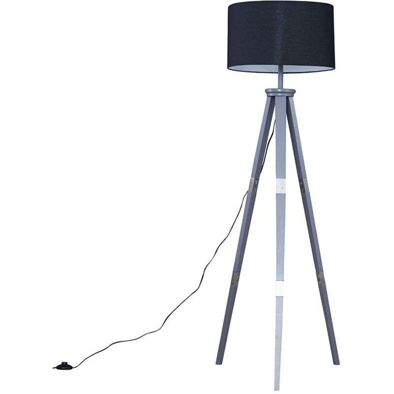Minisun - Willow 151cm Wooden Tripod Floor Lamp in Grey with Fabric Shade + LED Bulb - Black