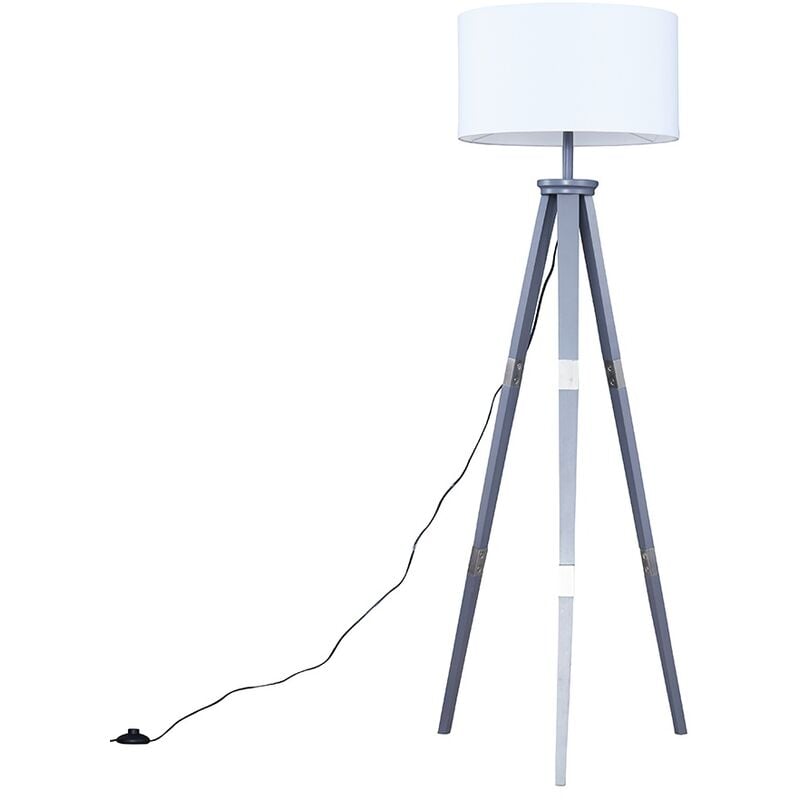 Minisun - Willow 151cm Wooden Tripod Floor Lamp in Grey with Fabric Shade + LED Bulb - White