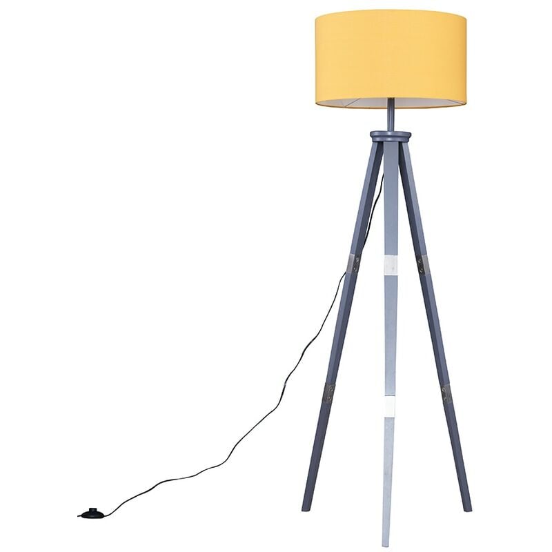 Minisun - Willow 151cm Wooden Tripod Floor Lamp in Grey with Fabric Shade + LED Bulb - Yellow