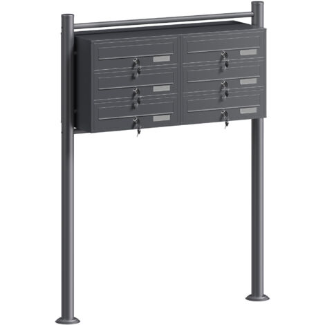 XPOTOOL Wiltec 6er Briefkastenanlage Anthrazit 898 x 270 x 1150 mm, Standbriefkasten mit 2x3 Fächern, Schlüssel und Namensschild, Briefkasten Postkasten mit Ständer