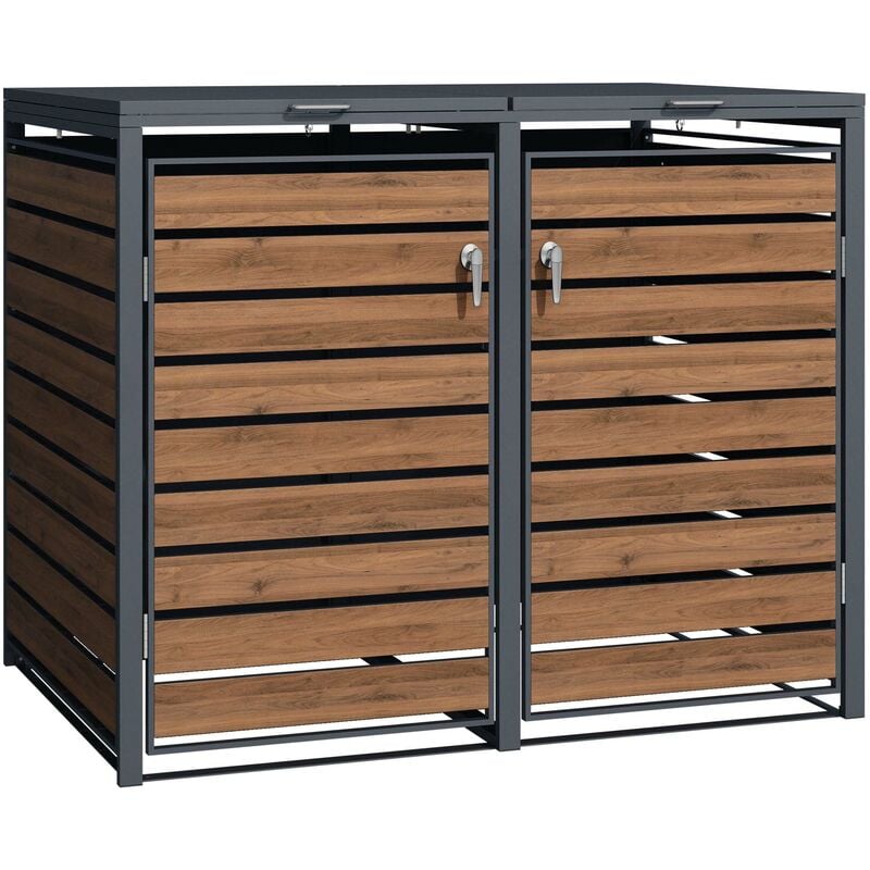 Abri de poubelle double – 1420 x 980 x 1160 mm – pour deux poubelles de 60 à 240 l – Design bois – en Acier – avec Couvercle à carnière – Range