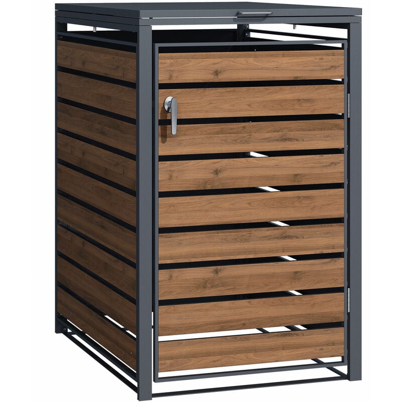 Abri de poubelle – 730 x 980 x 1160 mm – pour une poubelle de 60 à 240 l – Design bois – en Acier – avec Couvercle à carnière – Range Coffre poubelle