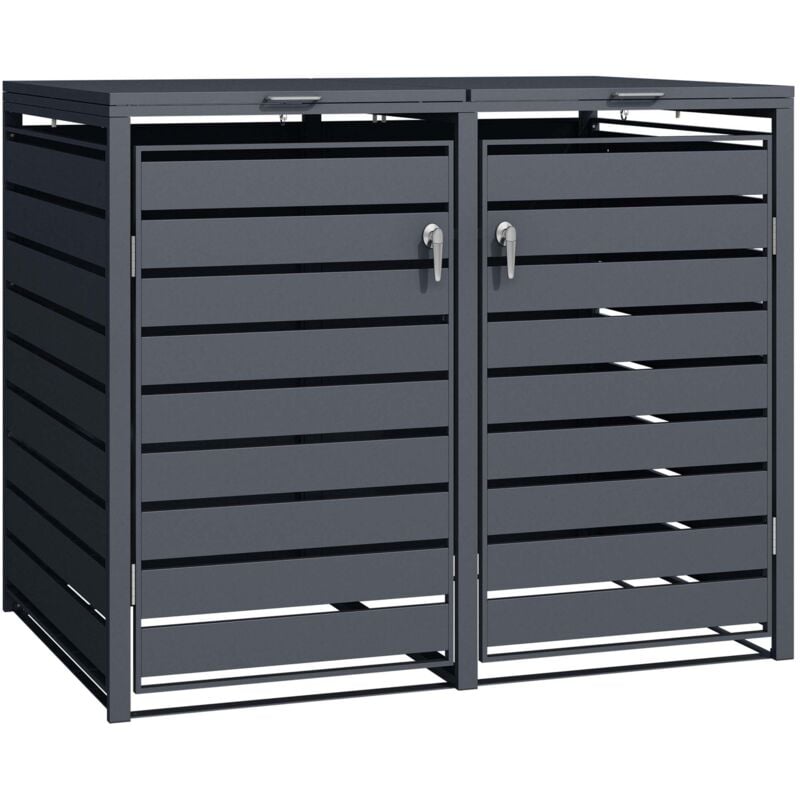 Abri de poubelle double – 1420 x 980 x 1160 mm – pour deux poubelles de 60 à 240 l – Couleur anthracite – en Acier – avec Couvercle à carnière –