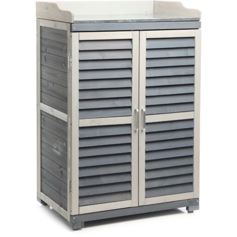 Wiltec – Armoire de jardin 670 x 465 x 997 mm – Abri avec rangement inférieur – Bois peint gris – 2 étagères – Porte double battant