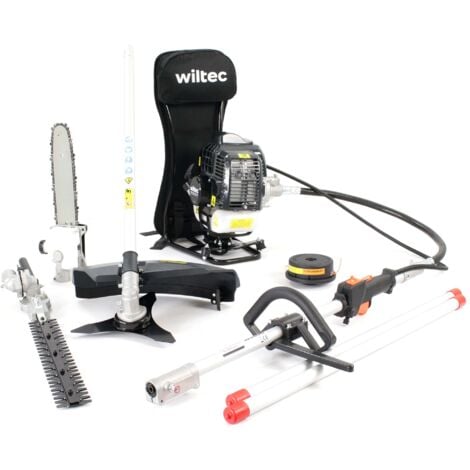 Wiltec Attrezzo multifunzione da giardinaggio - Tagliasiepi, Tagliabordi, Decespugliatore, Potatore telescopico - Motore a 2 tempi
