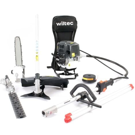 Wiltec Attrezzo multifunzione da giardinaggio - Tagliasiepi, Tagliabordi, Decespugliatore, Potatore telescopico - Motore a 4 tempi