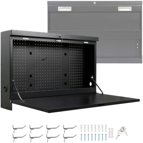Wiltec Banco da lavoro pieghevole a parete, portata fino a 50 kg, tavolo richiudibile con pannello porta attrezzi forato, in acciaio, 91,2 x 69 x 61 cm, con 2 chiavi, ideale per officine e garage