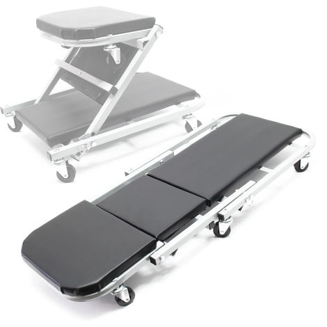 Wiltec Banco de montaje y asiento de taller 2 en 1 de 90 x 41,5 x 12,5 cm, hasta 150 kg, taburete de taller con superficie de reposo acolchada y 6 ruedas giratorias, banco de taller, camilla rodante