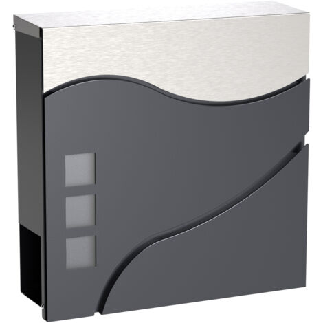Wiltec – Boîte aux lettres murale ou sur pied verrouillable en acier galvanisé – Gris anthracite – Dimensions 370 x 102 x 370 mm – Compartiment à journaux