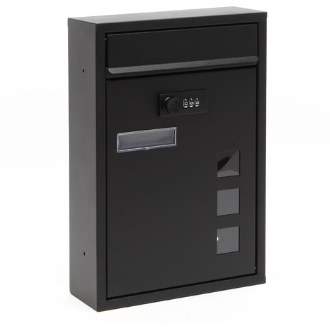 Wiltec Buzón negro 215 x 320 x 90 mm de acero recubrimiento de polvo con cerradura de combinación, placa identificativa y mirillas