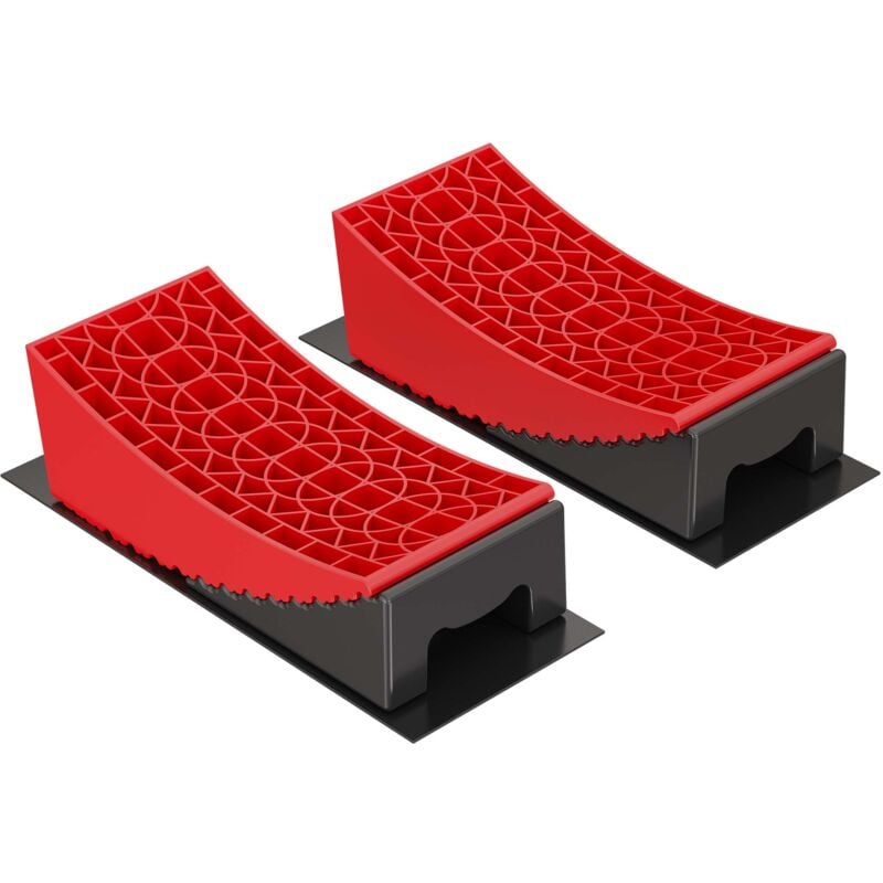 Wiltec - Lot de 2 Cales de roue rondes – 320 x 150 x 110 mm / 190 x 150 x 80 mm – Capacité 13 t – avec Niveau à bulle en t – Protection de pneus pour