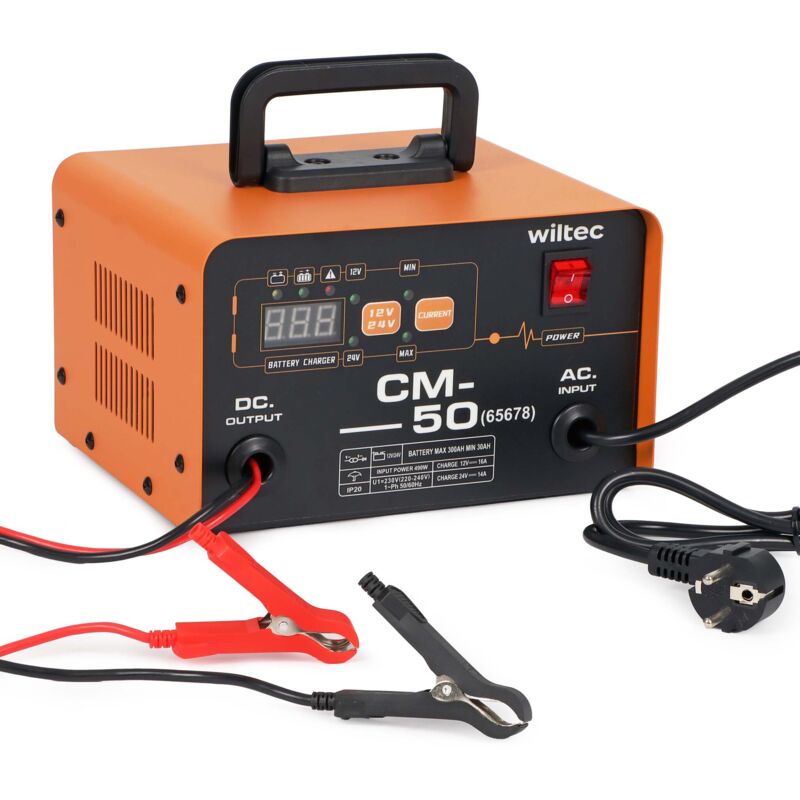 Wiltec Cargador 12-24 V, 16 Ah, 30-300 Ah para baterías de coche y moto, arranque auxiliar 490 W, cargador inteligente con pantalla LCD y asa de