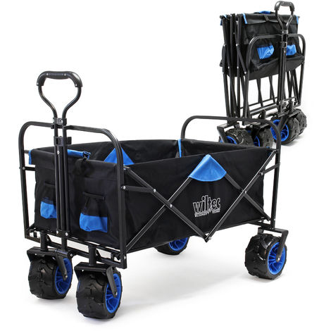 Wiltec Carrito de mano plegable con ruedas extra anchas capacidad máx. 100 kg, tejido impermeable negro-azul, para camping vacaciones al aire libre vagoneta de jardín
