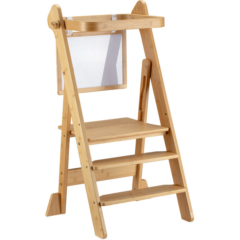 Wiltec Chaise pour enfant Tour d'apprentissage pliable 43 x 48 x 91 cm en bambou, réglable en hauteur, pour enfants, tour debout avec garde-corps