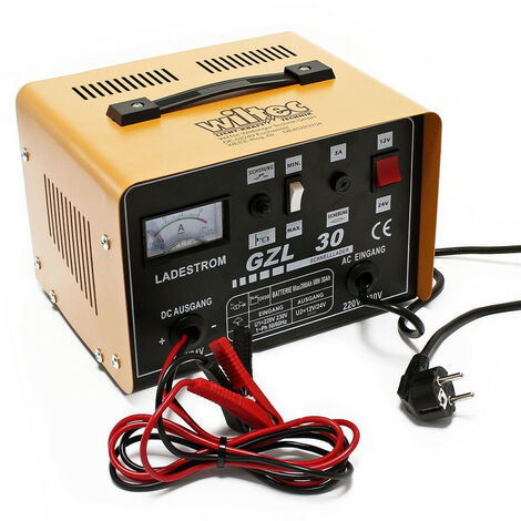 Wiltec – Chargeur rapide de batterie 12V-24V – Courant de charge 16A/14A – Ampèremètre intégré – Câble avec pinces isolées