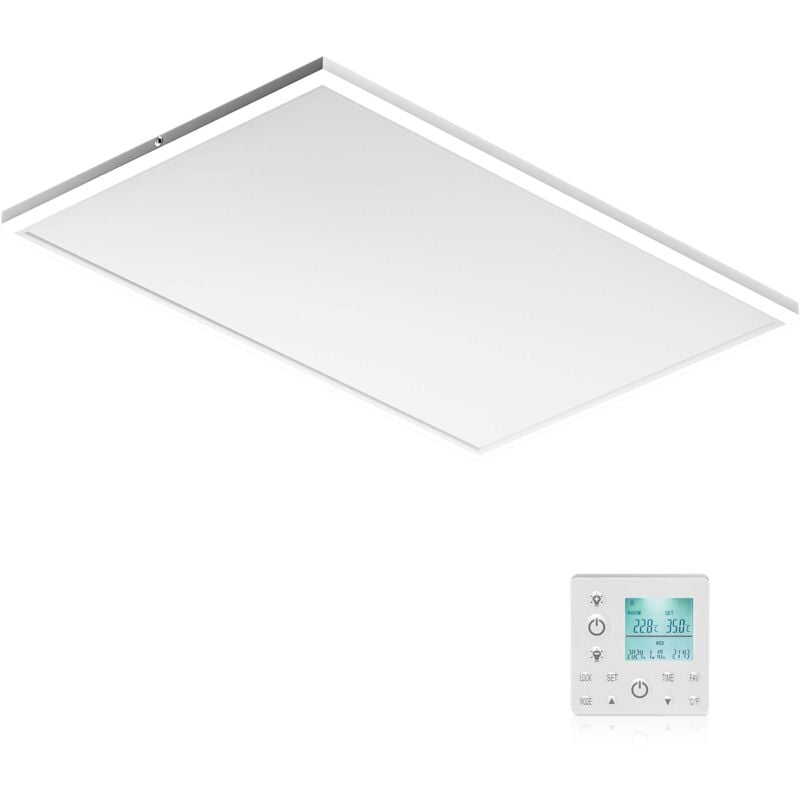 Chauffage infrarouge plafond et éclairage LEDs – Puissance 660 w / 48 w – 1080 x 630 x 35 mm – Efficacité de conversion 98 % – Thermostat