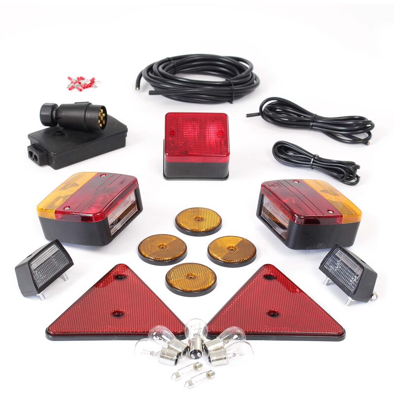 Wiltec - Lot éclairage de remorque – avec Fiche à 7 pôles, Lampes, Réflecteurs, Clignotants, Cataphotes et Câbles – Éclairage voiture routier